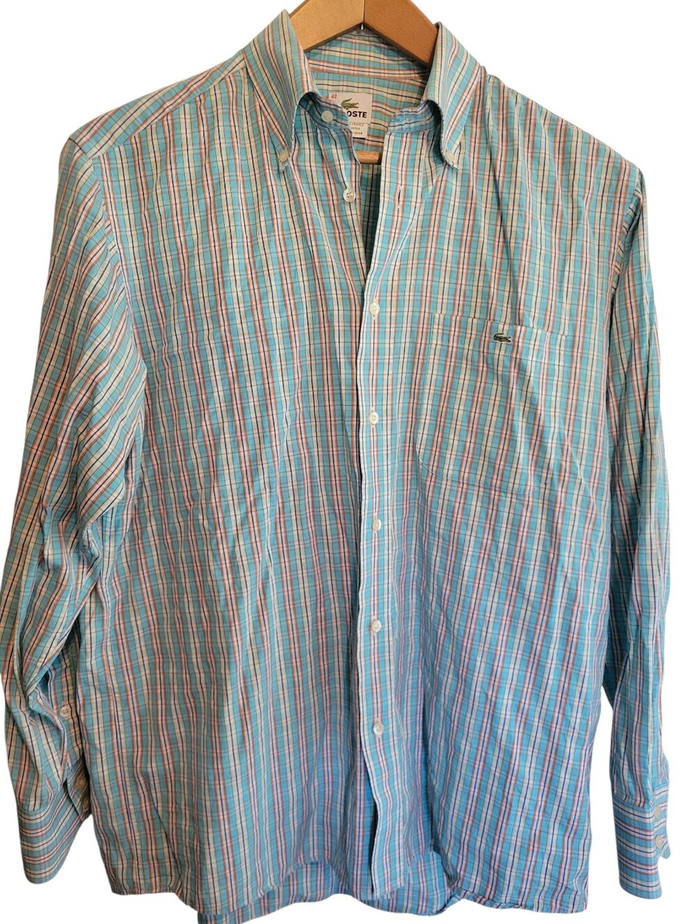 Lacoste 100% Cotton Teal Blue Yellow Plaid Button Down Long Sleeve Shirt Size L - Picture 4 of 16